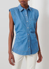 Light Wash Ivy Sleeveless Ruched Button Down Shirt | Women's Top by Derek Lam 10 Crosby