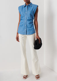 Light Wash Ivy Sleeveless Ruched Button Down Shirt | Women's Top by Derek Lam 10 Crosby