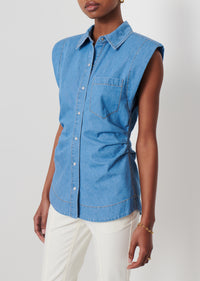 Light Wash Ivy Sleeveless Ruched Button Down Shirt | Women's Top by Derek Lam 10 Crosby