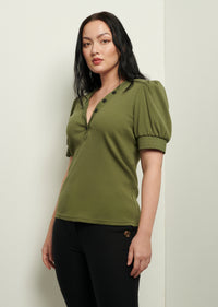 Olive Heather V-Neck Puff Sleeve T-Shirt | Womens T-Shirt by Derek Lam 10 Crosby