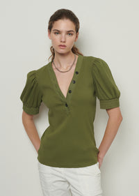 Olive Heather V-Neck Puff Sleeve T-Shirt | Womens T-Shirt by Derek Lam 10 Crosby