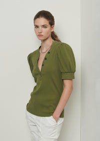 Olive Heather V-Neck Puff Sleeve T-Shirt | Womens T-Shirt by Derek Lam 10 Crosby